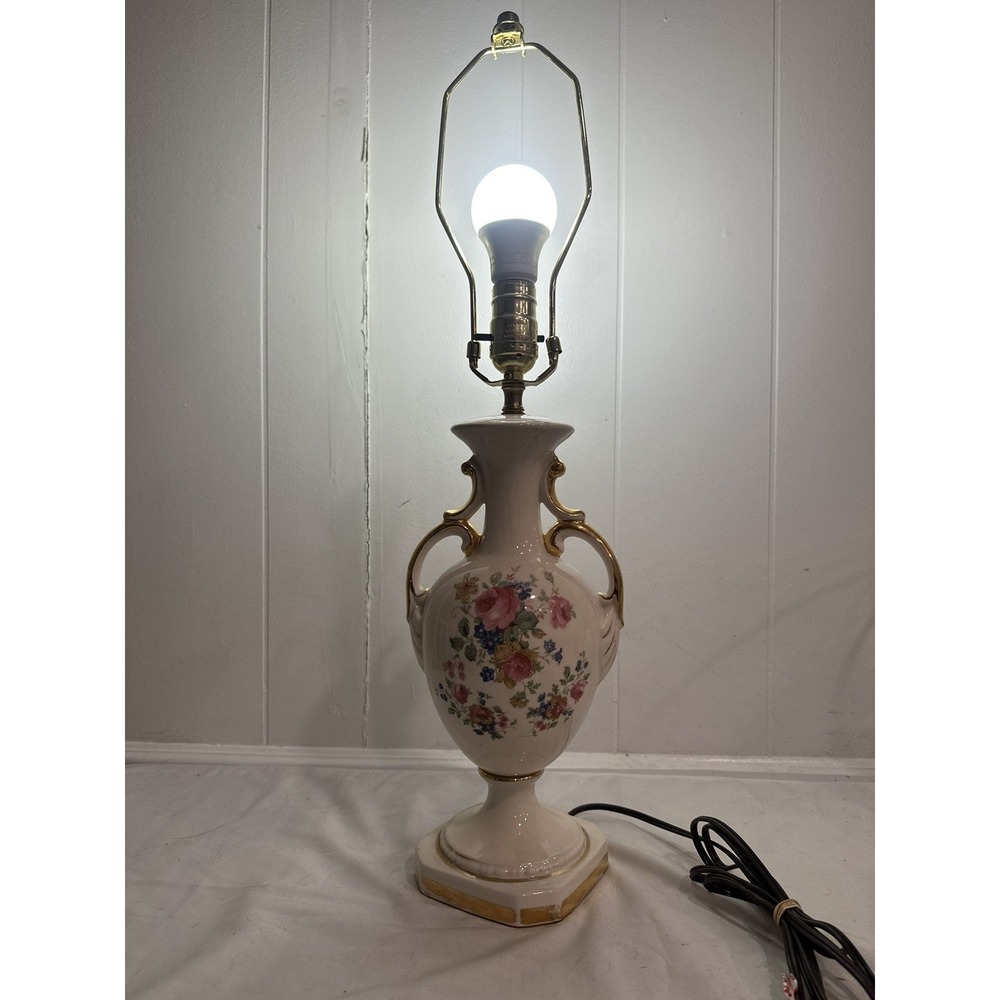 Antique Hand-Painted Porcelain Table Lamp –Floral England Urn Style, Gold Accent